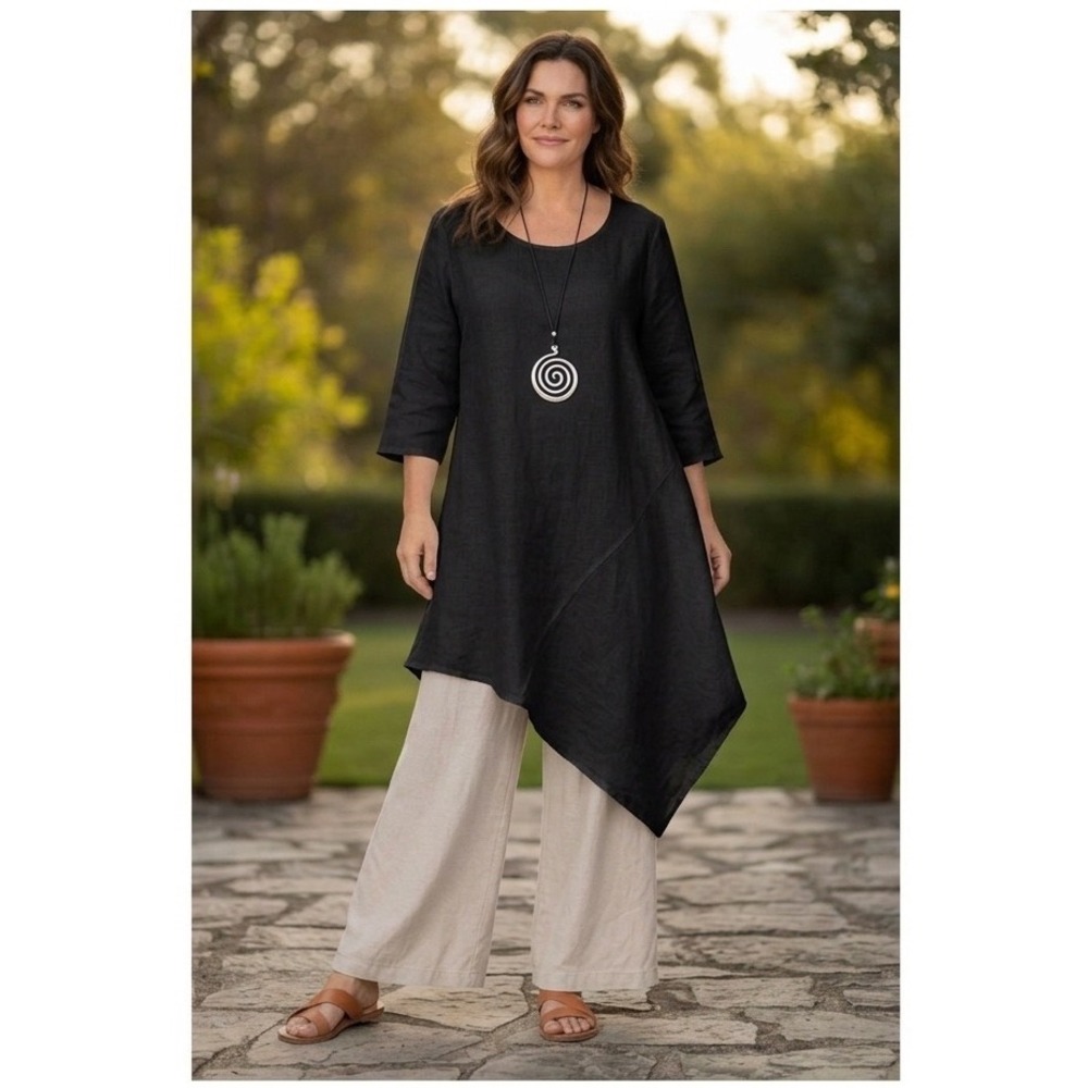 Bryn Walker Naida Linen Tunic Dress Black Asymmetrical Hem Lagenlook Artsy M USA